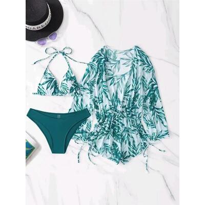 3Pieces Bikini Sets Women Swimwear Leaves Print Halter Bra o