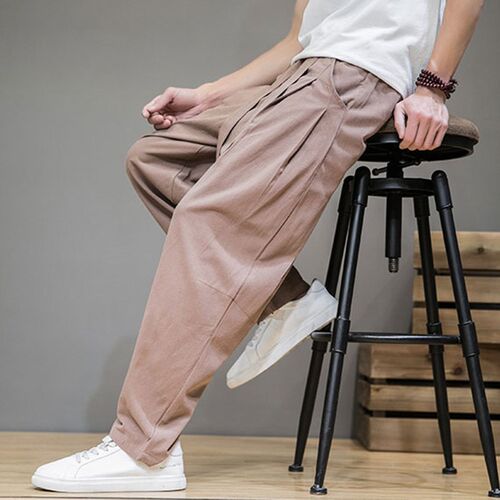Spring Cotton Linen Pants Men Elastic Waist Casual Harem Pan