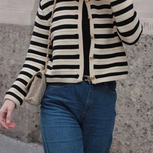 Women Coat Striped Single Breasted O-Neck Long Sleeve Casual