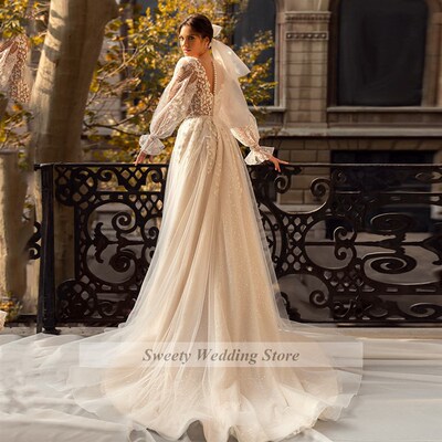 Romantic Flower Lace Wedding Dress Princess Bridal Gowns Lon