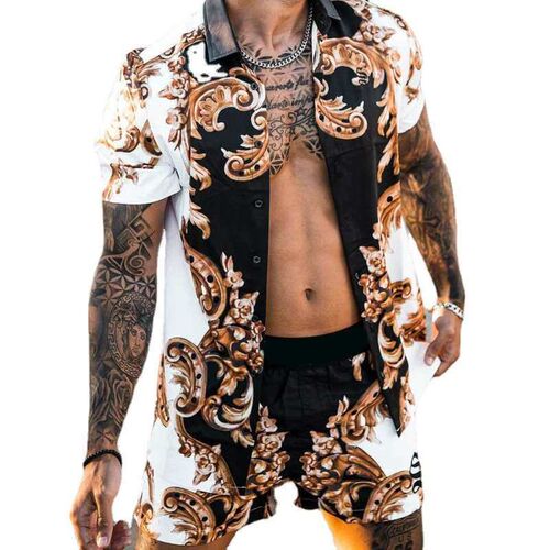 mens summer loose shirt casual shorts suit