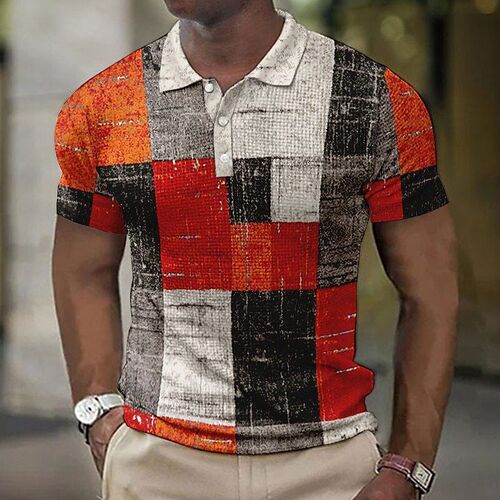 Mens Button Polo Shirt Plaid Pattern Collar 3D Digital Print
