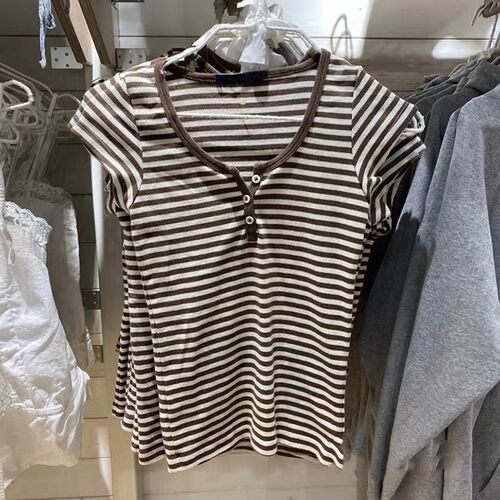 Women Classic Striped Slim Crop Top Summer Button O-Neck Sof