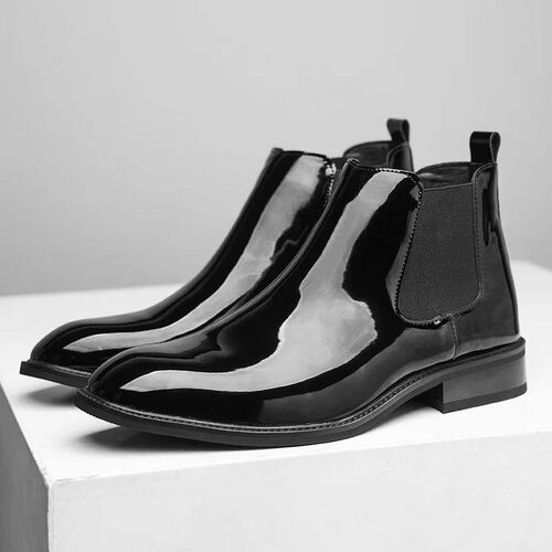 Chelsea Boots for Men Patent Leather Black Buckle Ankle Roun
