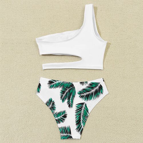 7-14Years Tropical Leaf Girl Swimsuit Kids One Shoulder Biki