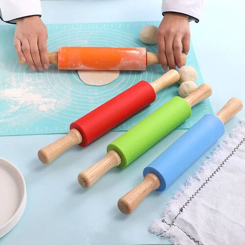 Non-Stick Silicone Rolling Pin Wooden Handle Pastry Dough Fl