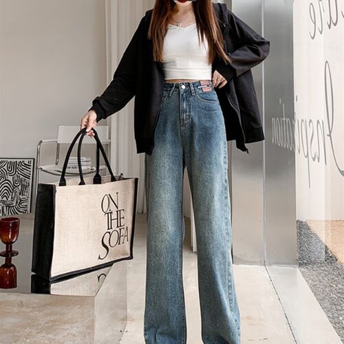 High Waisted Jeans for Women Clothing Blue Black Straight Le