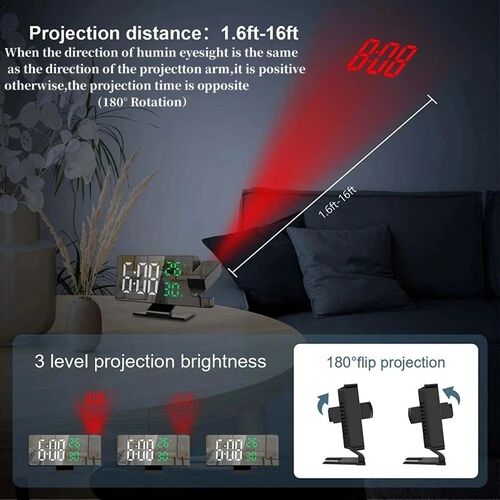 180 Arm Projection Digital Alarm Clock Temperature Humidit