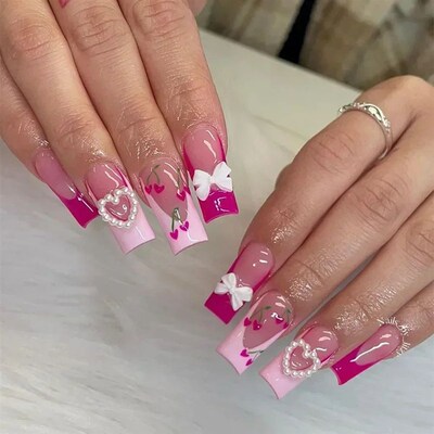 24Pcs Pink Long Square False Nails  Ballet Glittring Nail wi