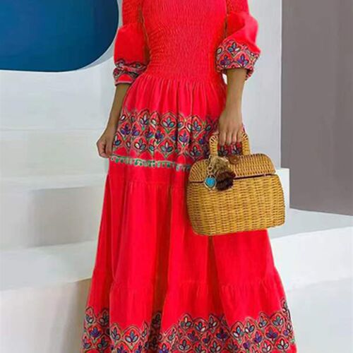 Ethnic Printed Drape Hem Floor-Length Dress Women Spring