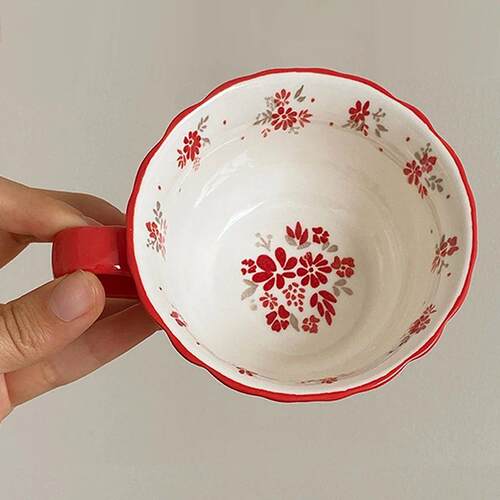 Vintage red floral underglaze relief lace ceramic coffee cup