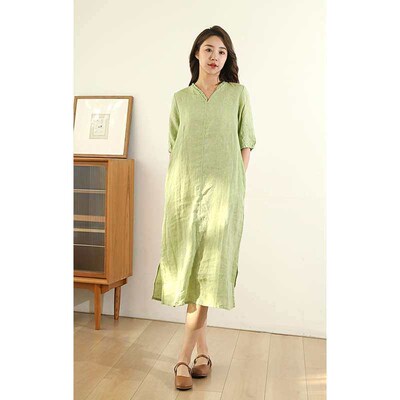Summer New Womens Linen ress Large Size Loose Mi-Sleeve Lon