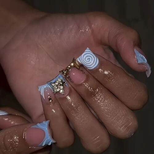 24pcs Short Duckbill False Nails Wearable Blue French Fake N