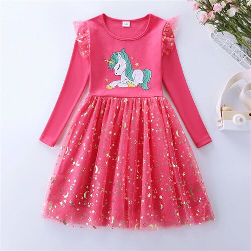 Girls Autumn New Cotton Embroidered Cartoon Unicorn Mesh Dr