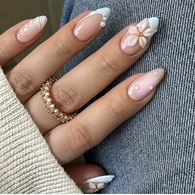 24PCS 3D Sweet Pink Flower Almond Press on False Nails with