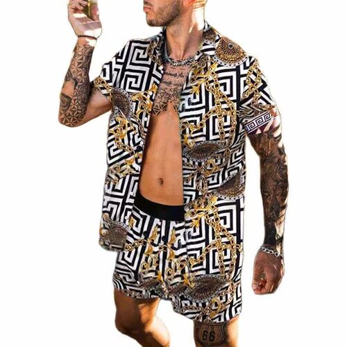 Summer new mens casual loose shirt beach suit