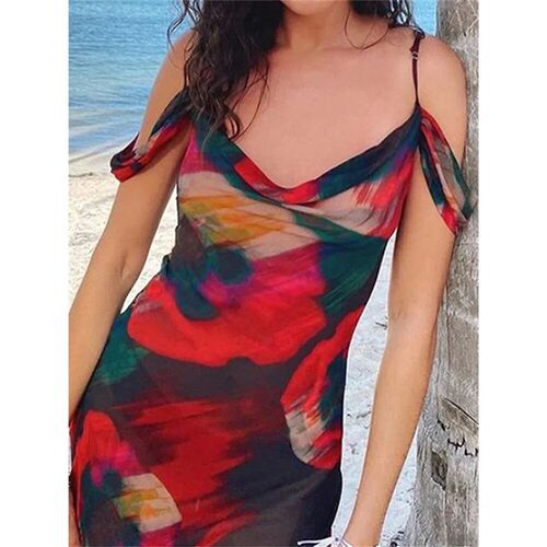 Womens Print Mesh Long Dress Off Shoulder Spaghetti Strap
