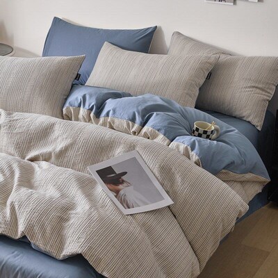 100% Cotton Bedding Set Striped Bed Sheet Duvet Quilt Cover