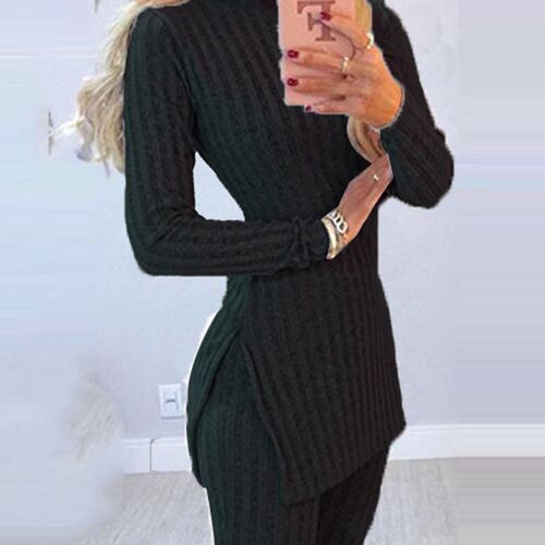 Women Winter 2pcs Suit Long Sleeve Ribbed Slit Long Top and