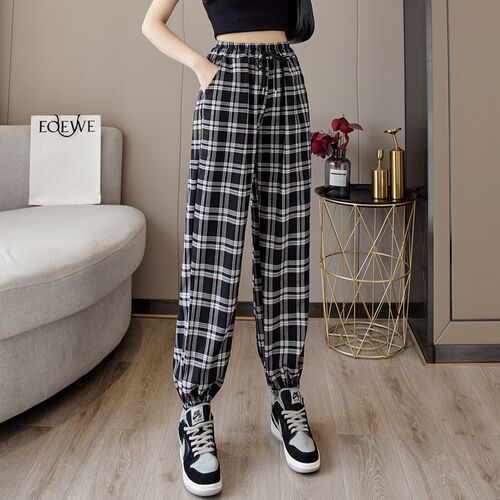 Pants Women New Bunch of feet Fashion Loose Black Plaid Summ