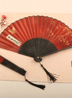 Chinese Red Folding Fans Women Dance Performance Hand Fan Pr