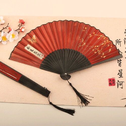 Chinese Red Folding Fans Women Dance Performance Hand Fan Pr