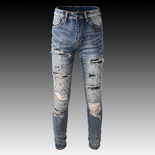 High Sreet Fashion Men Jeans Retro Blue Elastic Slim Fit Des