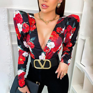 2021 Spring Elegant Boho Print Bodysuits Rompers Women Jumps
