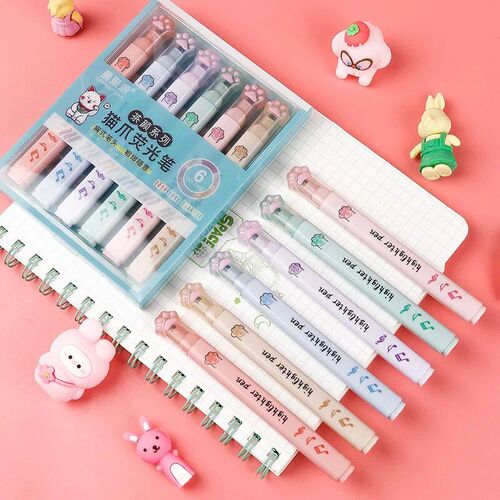 6 pcs/pack Kawaii Cat Claw Pastel Color Highlighters Drawing