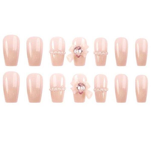 Handmade Glossy Pink Fake Nails with Pearls Long Lasting