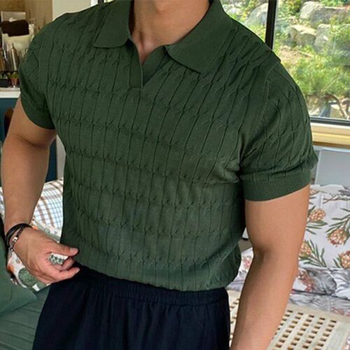2023 Mens Knitted Jacquard  Shirt Casual Stripe V-Neck Soli