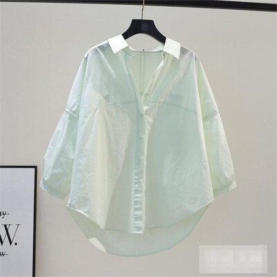 Small fresh light green pure color cotton shirt for women, s