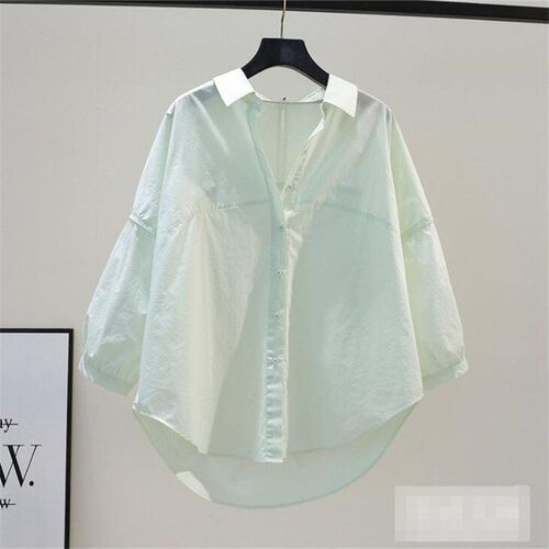 Small fresh light green pure color cotton shirt for women, s