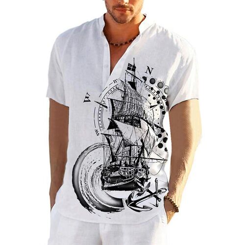 Summer Shirt Mens Henley Short Sleeve Tops 3d Compass Graph