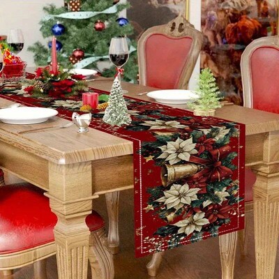 1pc Elegant Red Christmas Table Runner with Poinsettia Bells