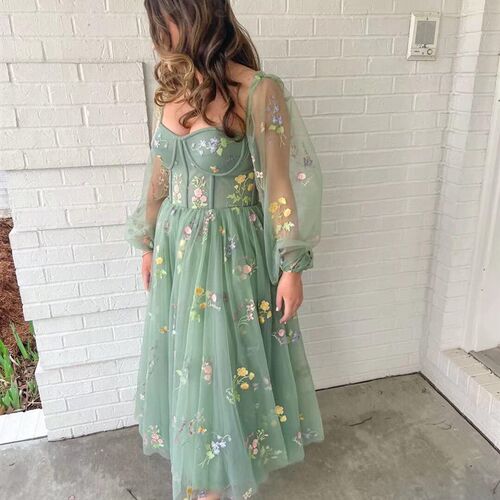 Romantic Vintage Green Prom Dress Princess Puff Long Sleeve