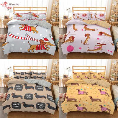 Homesky Cute Dachshund Sausage Print Bedding Set Cartoon Dog