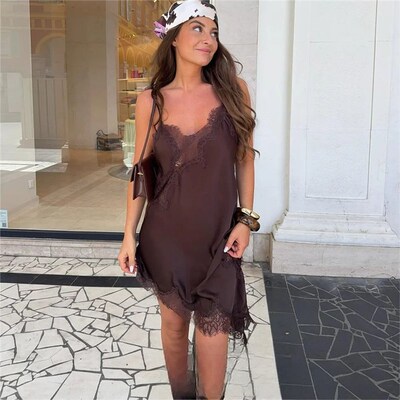KONDALA Sexy Chic Brown Lace Women Dress V Neck Cami Backles