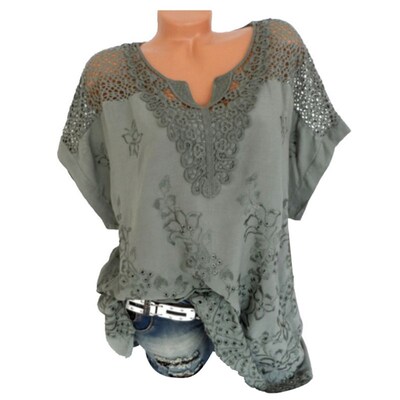 woman shirt  V Neck Short Batwing Sleeve Blouse Floral Embro