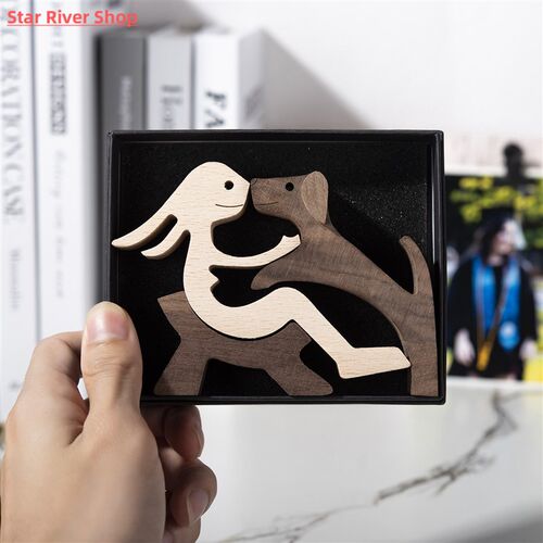 Handmade Wood Dog Decor Sculptures Craft Creative Figurine O