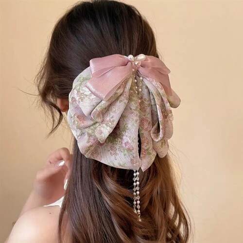 Grab Clip Bow Ribbon Hair Claw Polka Dot Floral Chiffon Bowk