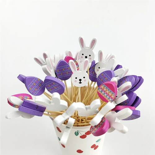 50/100Pcs Easter Disposable Bamboo Skewers Rabbit Easter Egg