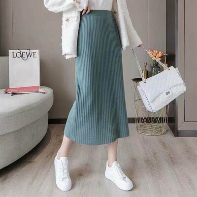 Knitted Skirt Womens 2025 Mid-length High Waist Black Slimm