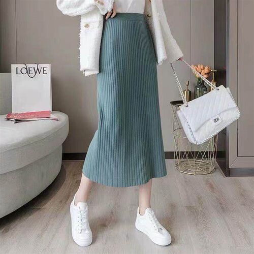 Knitted Skirt Womens 2025 Mid-length High Waist Black Slimm