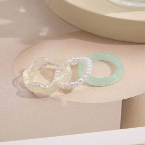 3 Pcs Minimalist Resin Rings Beaded Elastic Stackable Ring S