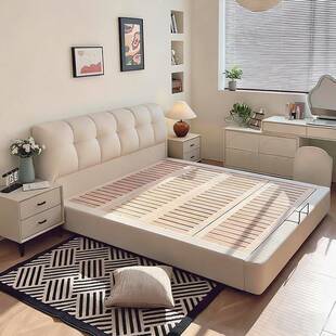 奶油风真皮床现代简约泡芙床高端大气主卧大床1米8齐边储物床婚床