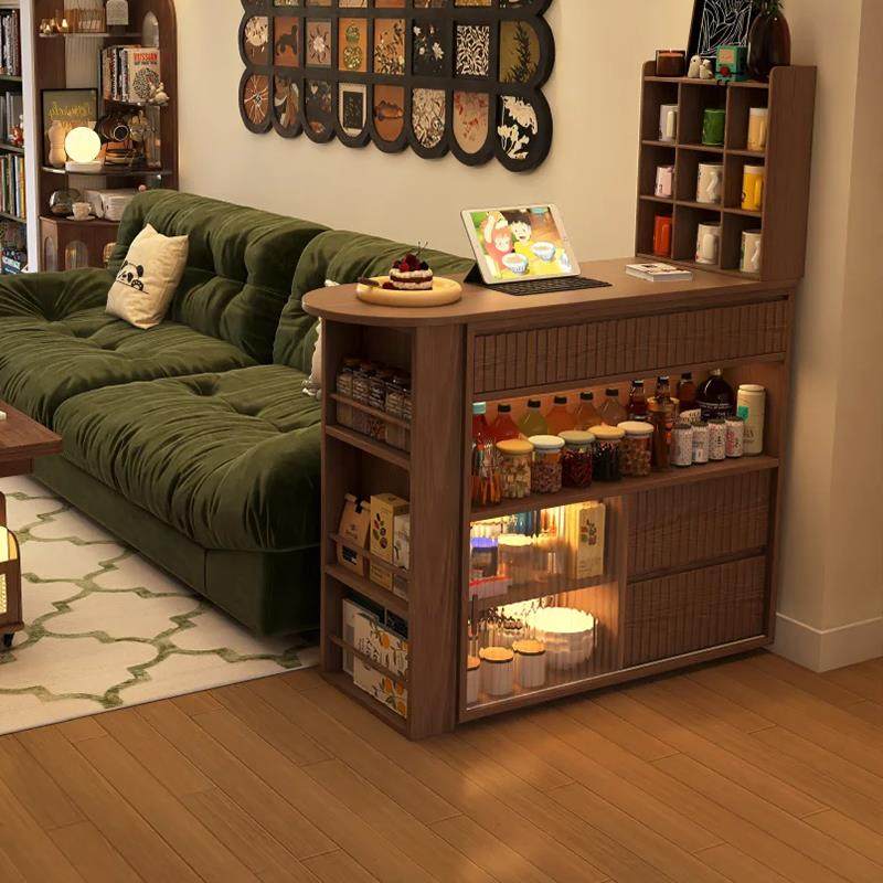 黑胡桃木伸缩吧台桌家用多功能岛台酒柜小户型美式覆古置物餐边柜