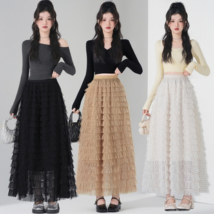 实拍春季新款网纱蛋糕中长裙显瘦百搭韩版波点植绒半身裙女