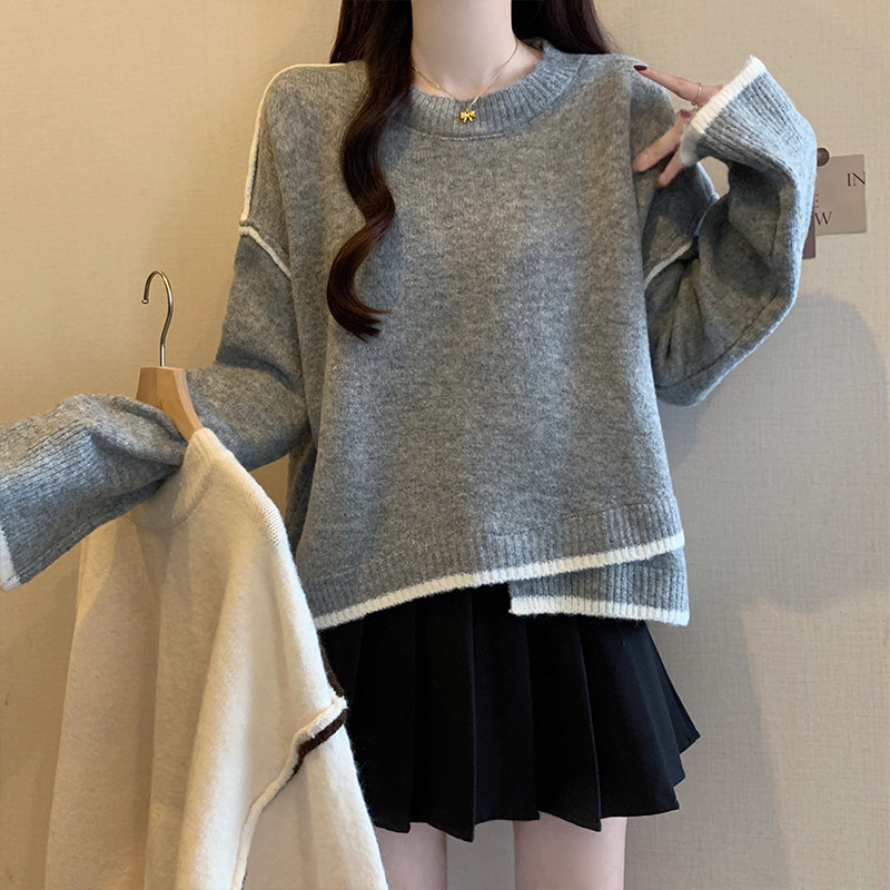 实拍2025春季新款大码设计感小众撞色宽松慵懒风不规则打底针织衫