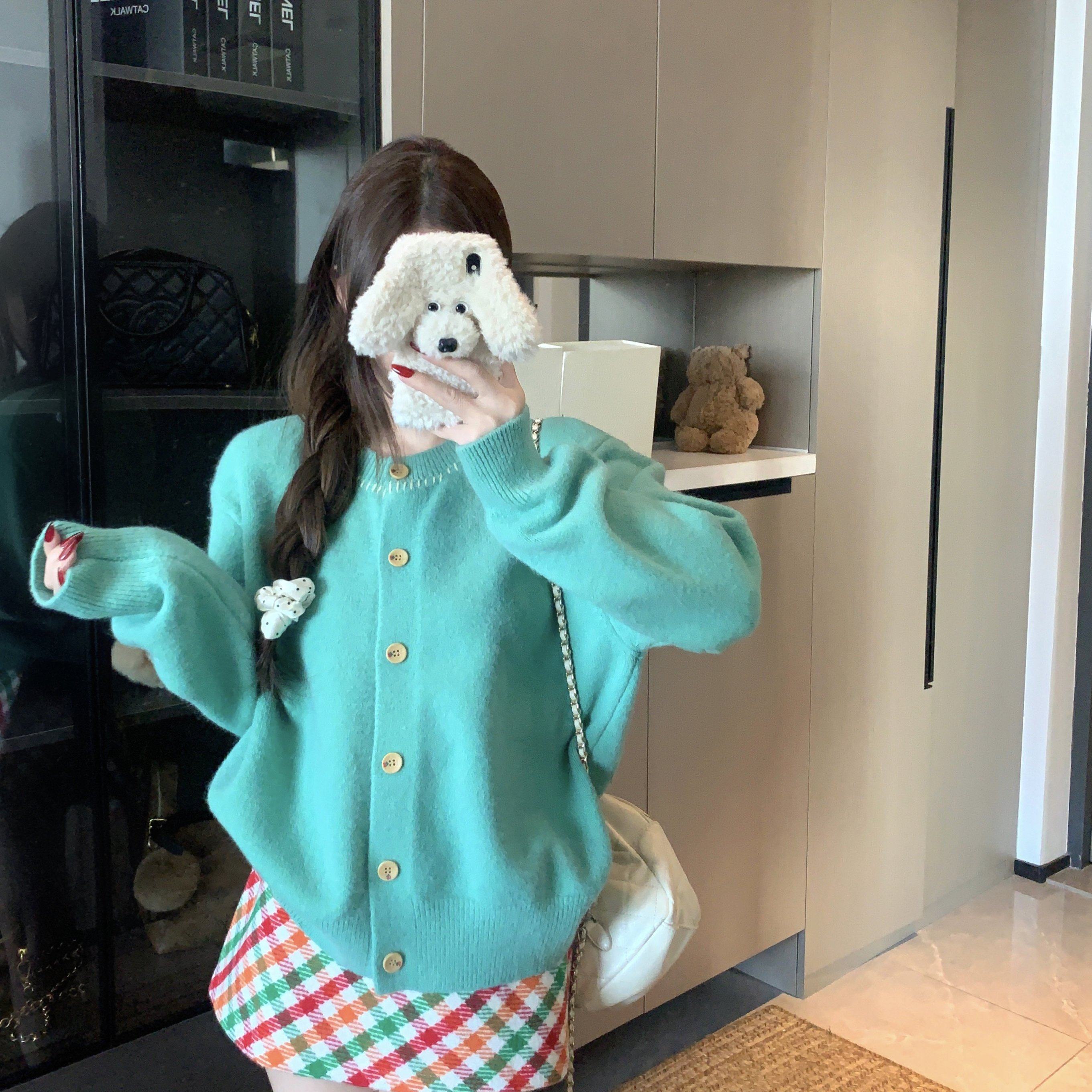 实拍 圆领针织长袖开衫毛衣女